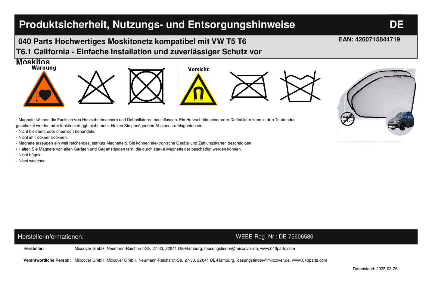 040 Parts Hochwertiges Moskitonetz kompatibel mit VW T5 T6 T6.1 California - Einfache Installation und zuverlässiger Schutz vor Moskitos