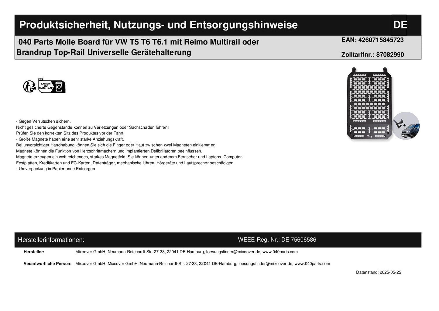 040 Parts Molle Board für VW T5 T6 T6.1 mit Reimo Multirail oder Brandrup Top-Rail Universelle Gerätehalterung
