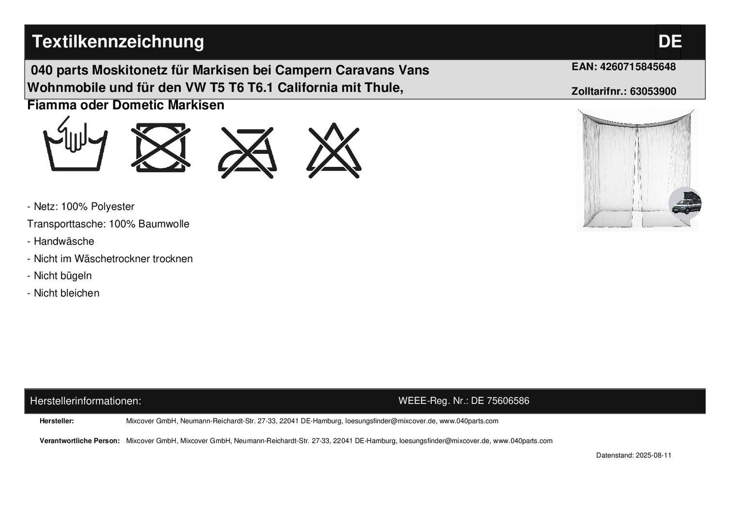 040 parts Moskitonetz für Markisen bei Campern Caravans Vans Wohnmobile und für den VW T5 T6 T6.1 California mit Thule, Fiamma oder Dometic Markisen