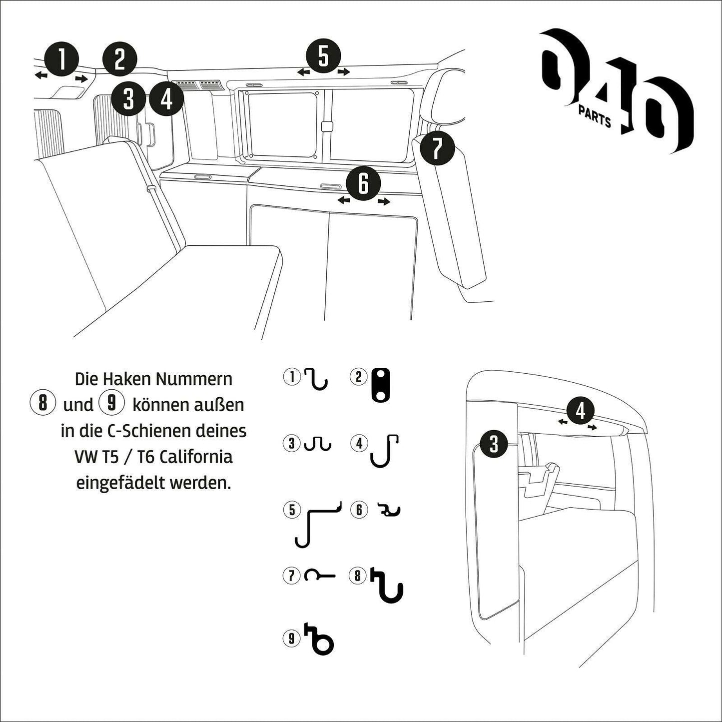 040Parts 10er Haken Set passend für VW California T5 T6 Bulli Camper Ocean Coast - Mixcover - 040 parts