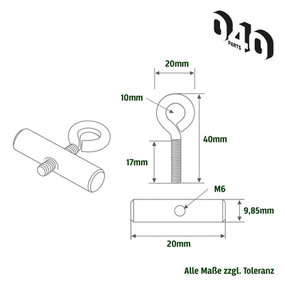 040 Parts Kederstopper Set 10mm mit Oesenschraube 20mm Breite M6 Gewinde Kederstein für Markisen Wohnmobil Caravan Van