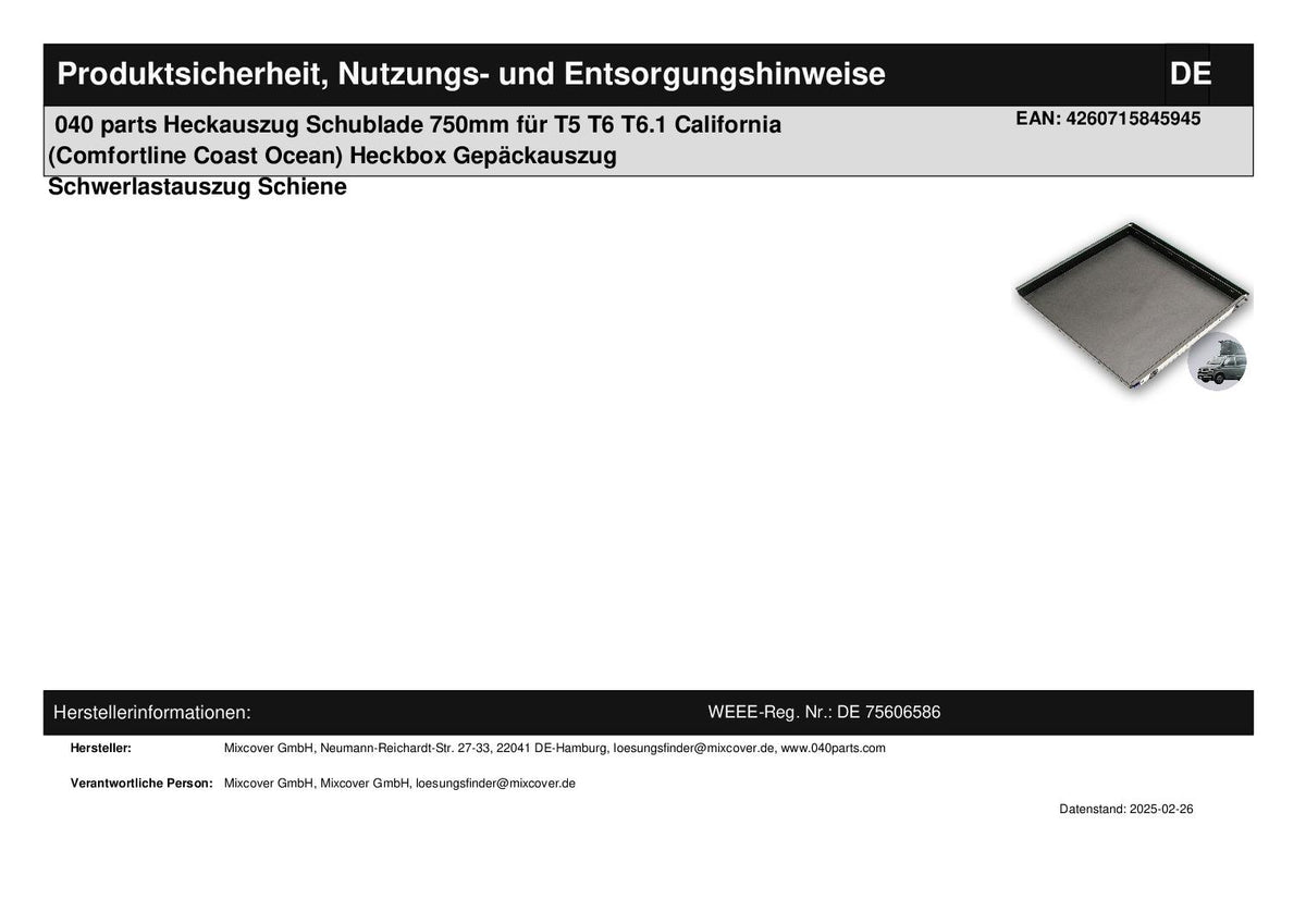 040 parts classic Heckauszug Schublade 750mm für T5 T6 T6.1 California (Comfortline Coast Ocean) Heckbox Gepäckauszug Schwerlastauszug Schiene