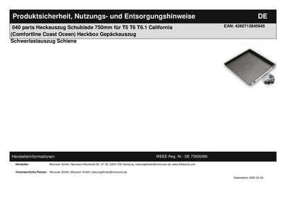 040 parts classic Heckauszug Schublade 750mm für T5 T6 T6.1 California (Comfortline Coast Ocean) Heckbox Gepäckauszug Schwerlastauszug Schiene