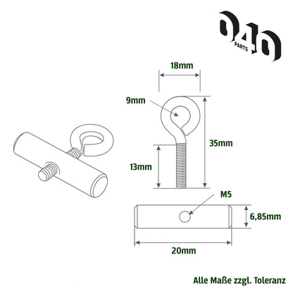 040 Parts Kederstopper Set 7mm mit Oesenschraube 20mm Breite M5 Gewinde Kederstein für Markisen Wohnmobil Caravan Van