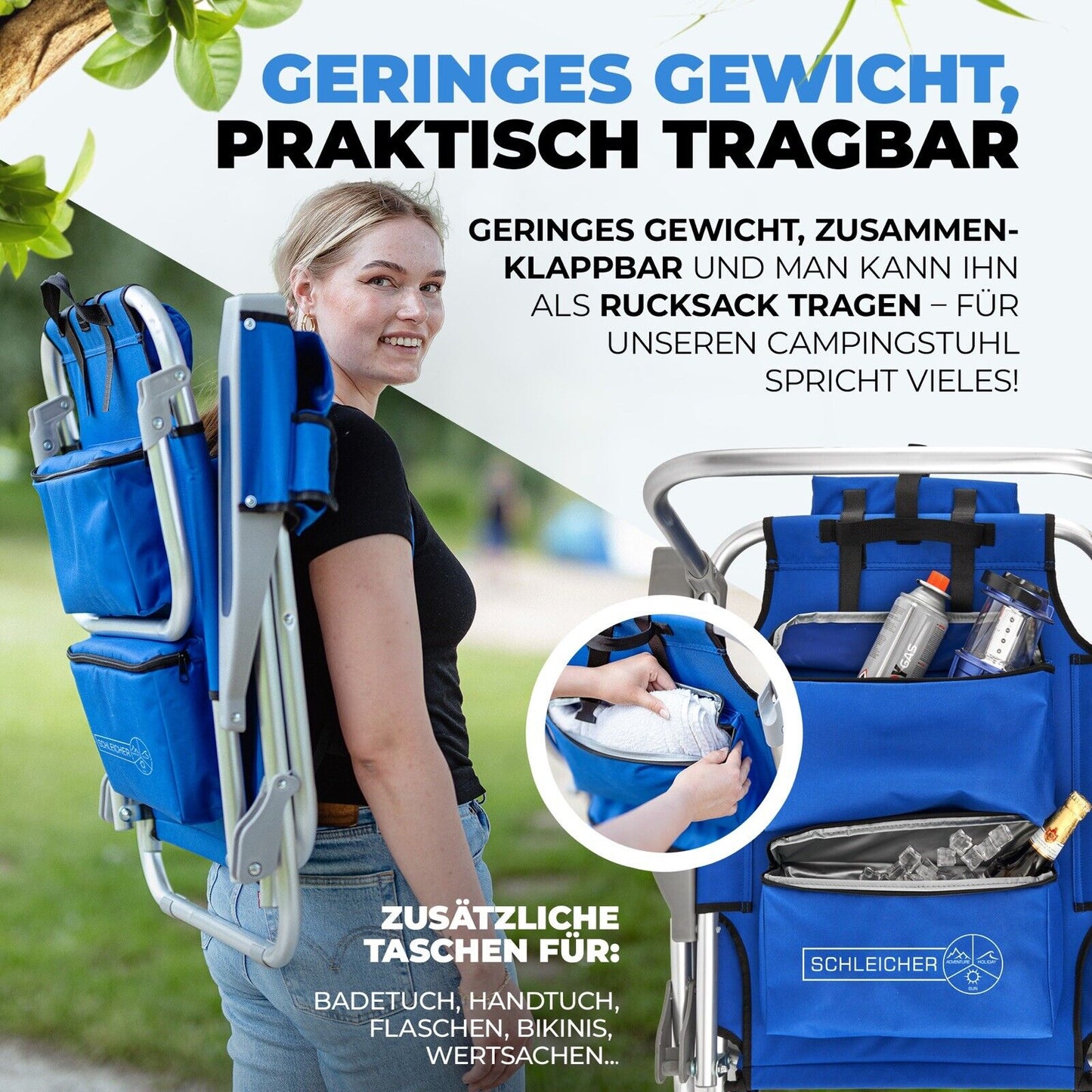 Ultraleichter Campingstuhl Strandstuhl klappbar Kühlfach Rucksack