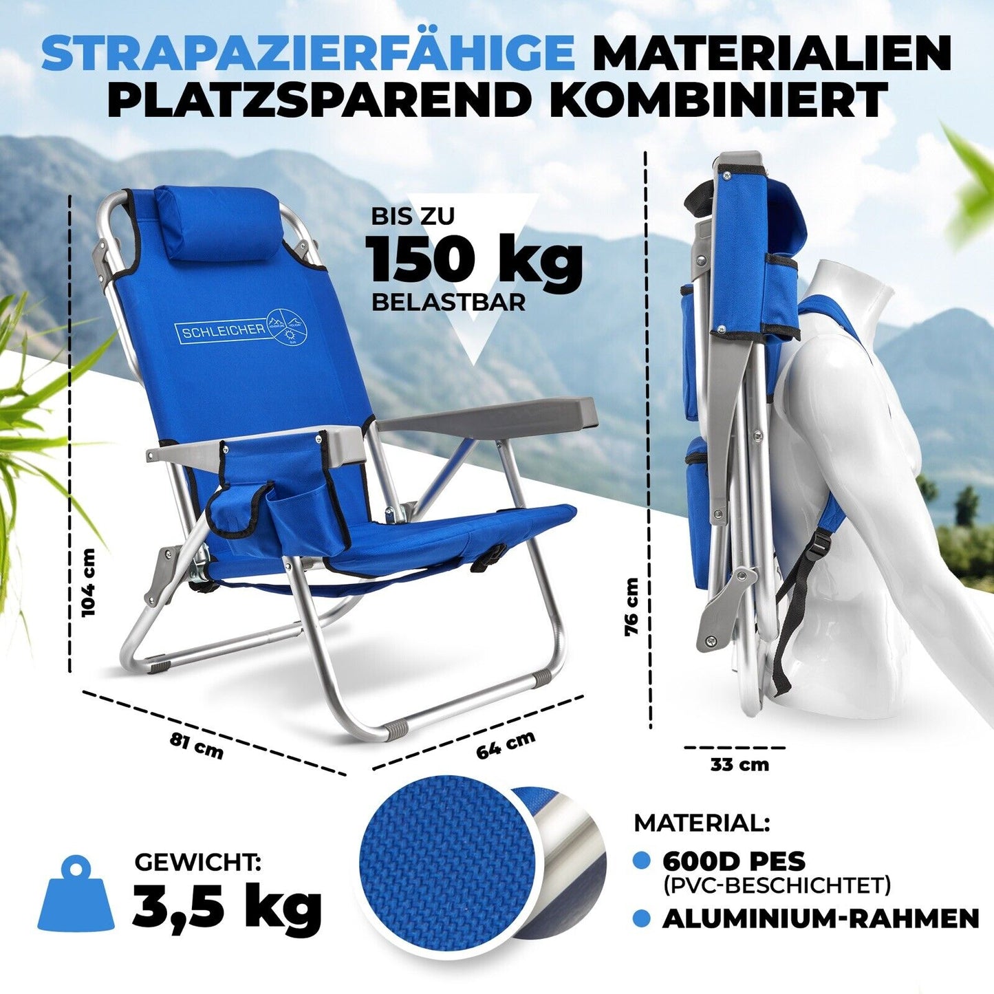 Ultraleichter Campingstuhl Strandstuhl klappbar Kühlfach Rucksack